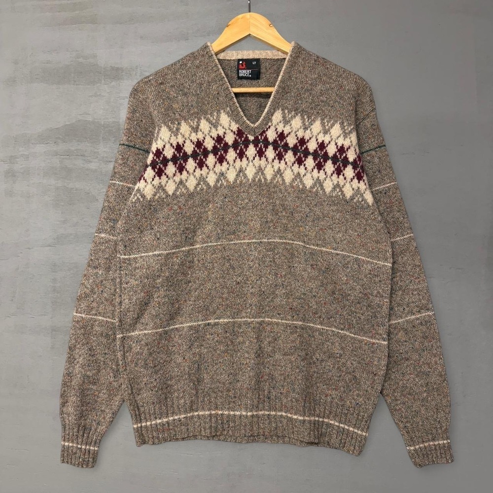 Robert Bruce Vintage Wool Sweater Brown Argyle V-Neck Speckled Knit Large Tall